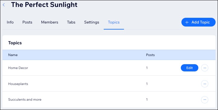 Uma captura de tela da aba Tópicos no painel de controle de um grupo.