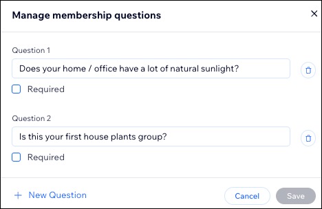 A screenshot of an example for Managing membership questions.