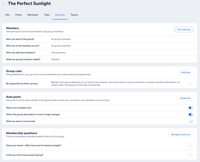 A screenshot of the Settings tab in a group's dashboard.