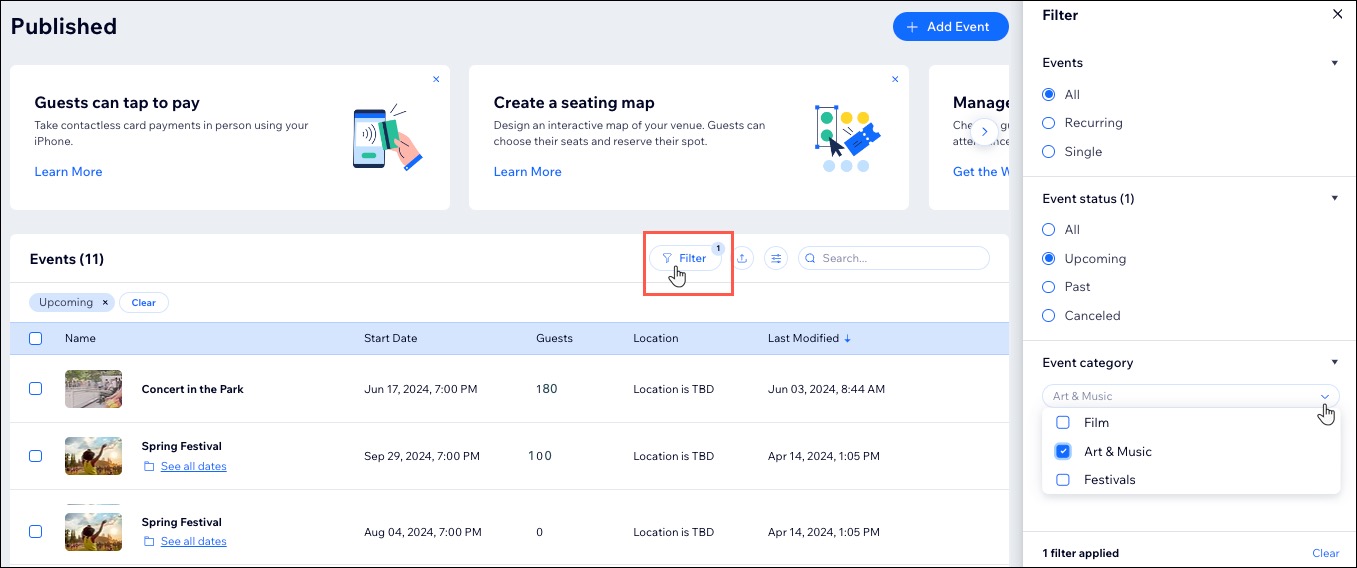 Uma captura de tela das opções de filtro para eventos no painel de controle de um site.