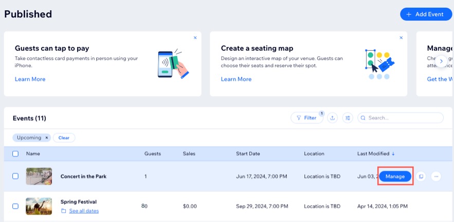 A screenshot of clicking Manage for a published event.