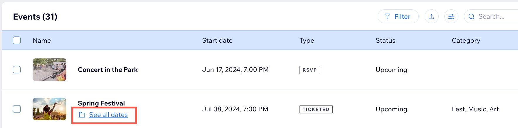 A screenshot of the option to See all dates of a recurring event from a site's dashboard.