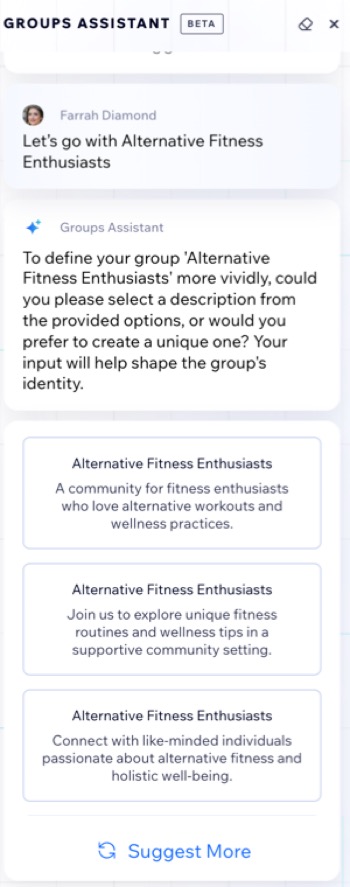 A screenshot of the AI Groups Assistant with prompts to create a group.