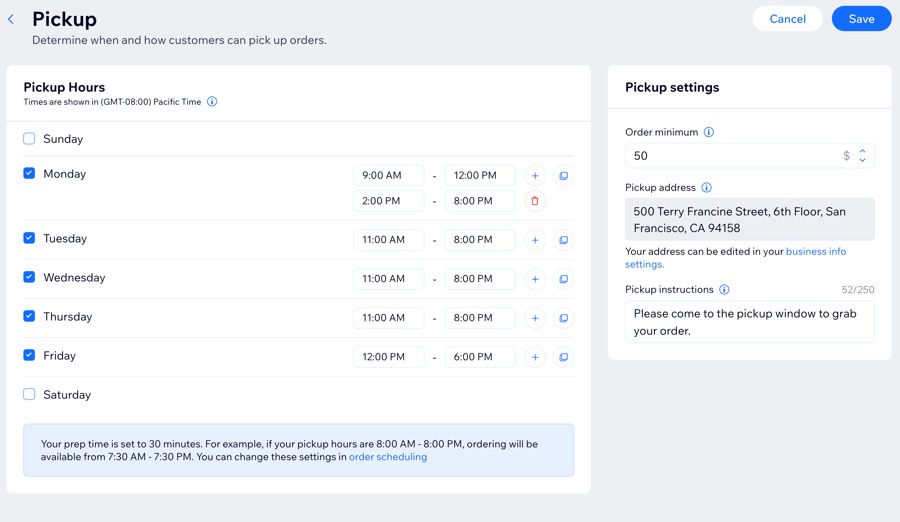 A screenshot of the Pickup Hours settings panel.