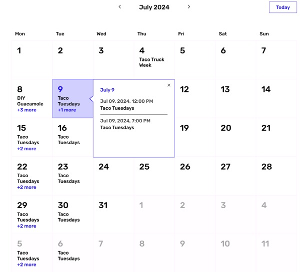 A screenshot of the Calendar layout option for multiple events in the Wix Editor.