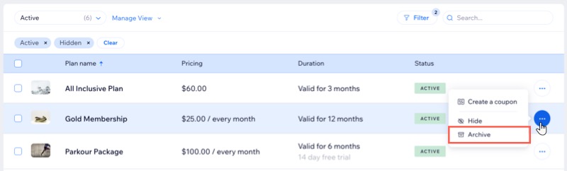 Captura de pantalla de cómo hacer clic en Archivar para archivar un plan de precios en el panel de control de un sitio.