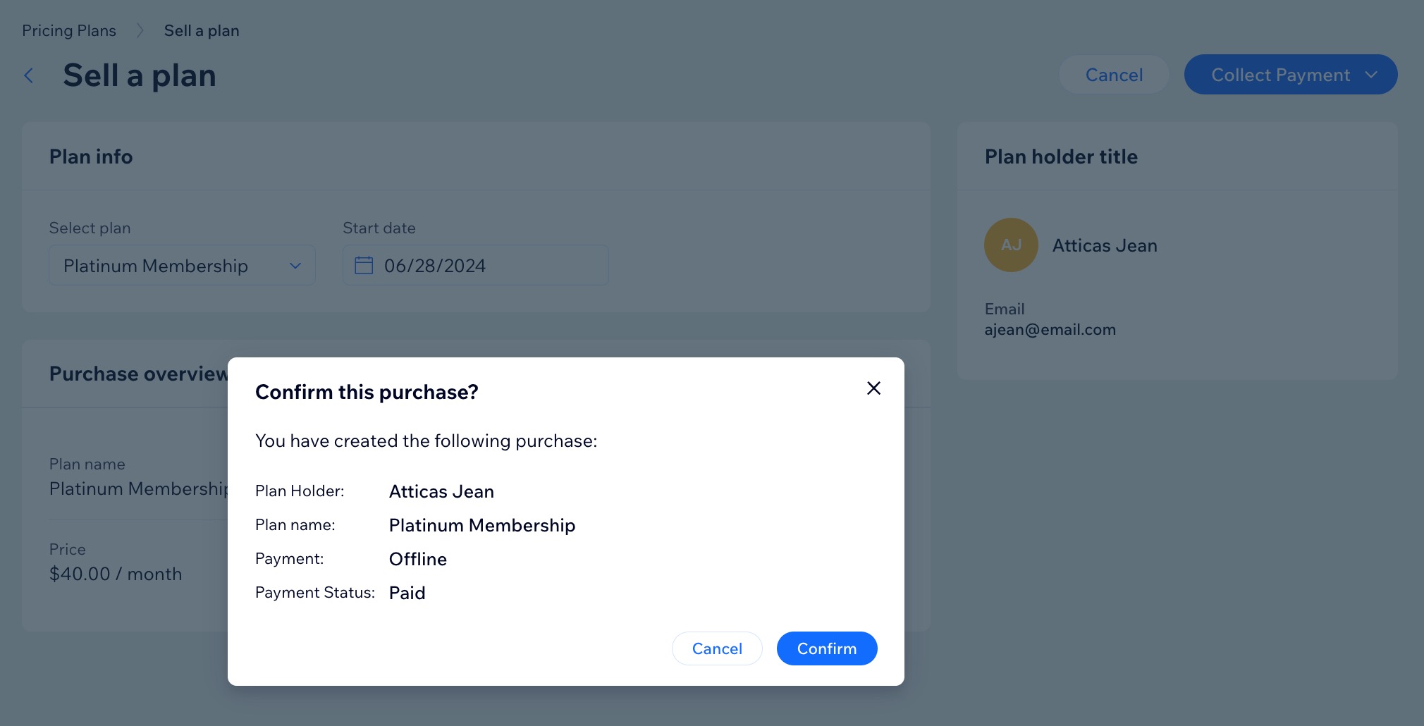 A screenshot of selling a plan offline from a site's dashboard.