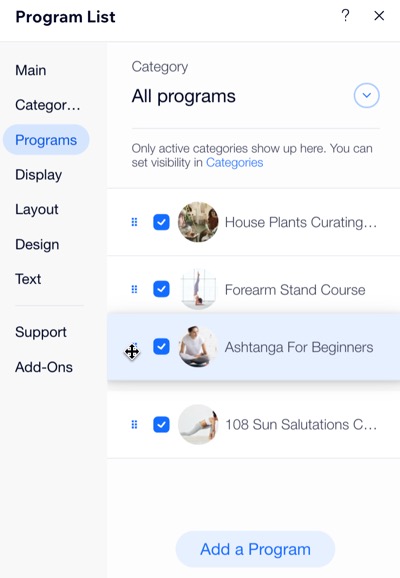 Uma captura de tela de programas reordenados na Lista de programas no Editor Wix.