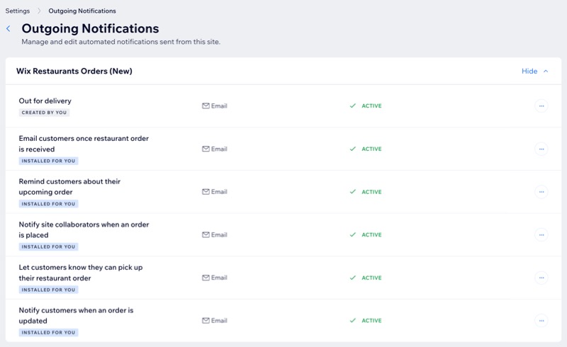 A screenshot of Outgoing Notifications for Wix Restaurants Orders (New).