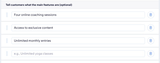 A screenshot of main features of a pricing plan.