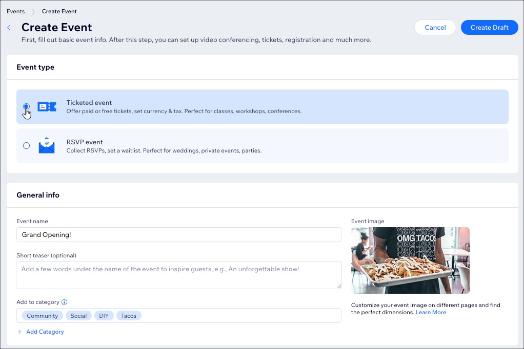 A screenshot of creating a draft Ticketed event.