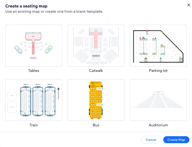 A screenshot of the available seating map options for an event.