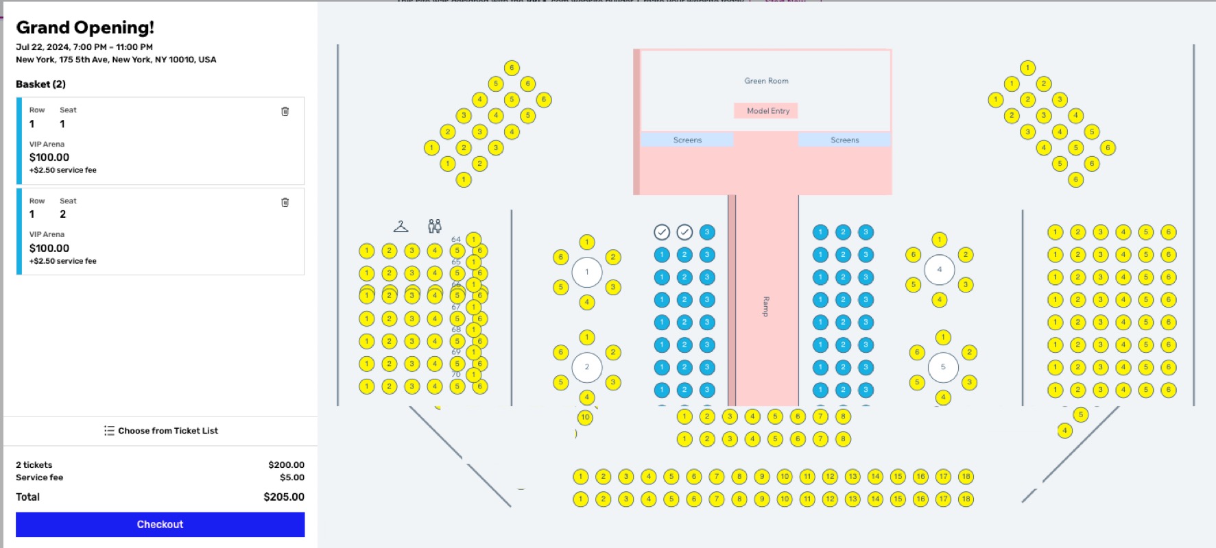 A screenshot of selecting tickets from a seating map for an event.