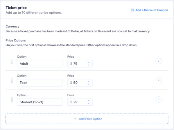 A screenshot of different price options for a ticket.