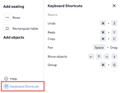 A screenshot of the Keyboard Shortcuts on a seating map.