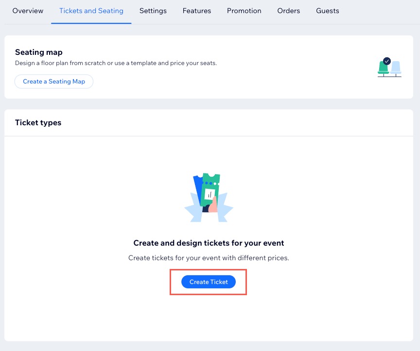 A screenshot of the Tickets and Seating tab to start creating one or more ticket types.