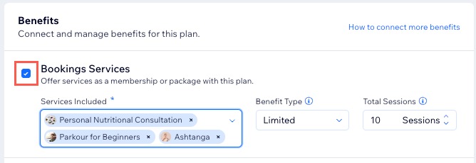 Screenshot showing how to connect benefits to a pricing plan in the dashboard.