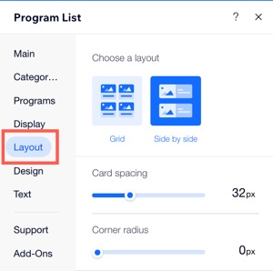 Uma captura de tela da aba Layout na lista de programas no Editor Wix.