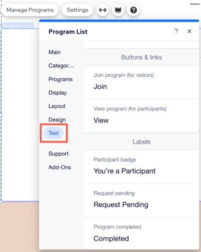 Uma captura de tela da aba Texto na Lista de programas no Editor Wix.