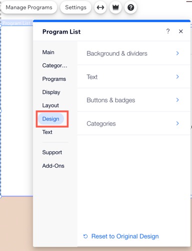 A screenshot of the Design tab on the Program List in the Wix Editor.