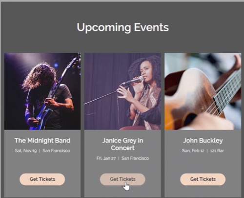 A screenshot of events with tickets on a live site.