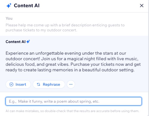 A screenshot of the Content AI prompt when writing about an event.