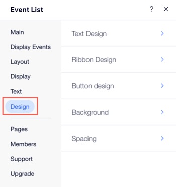 A screenshot of the Design tab in the Wix Editor.