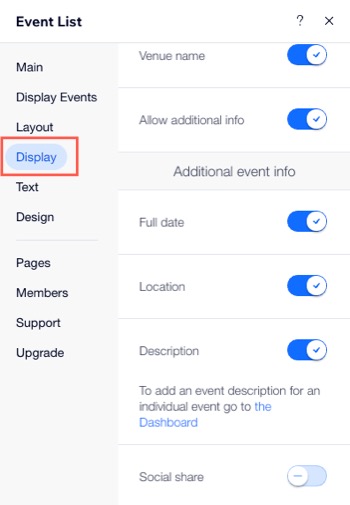 A screenshot of the Display tab for multiple events.