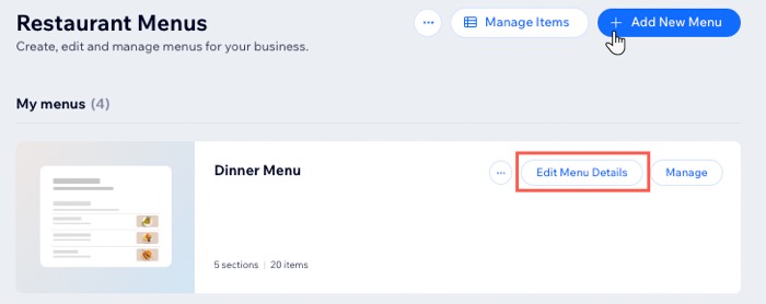 Capture d'écran de la page de création du menu avec le bouton Ajouter un nouveau menu et le bouton modifier à côté du nom marqué