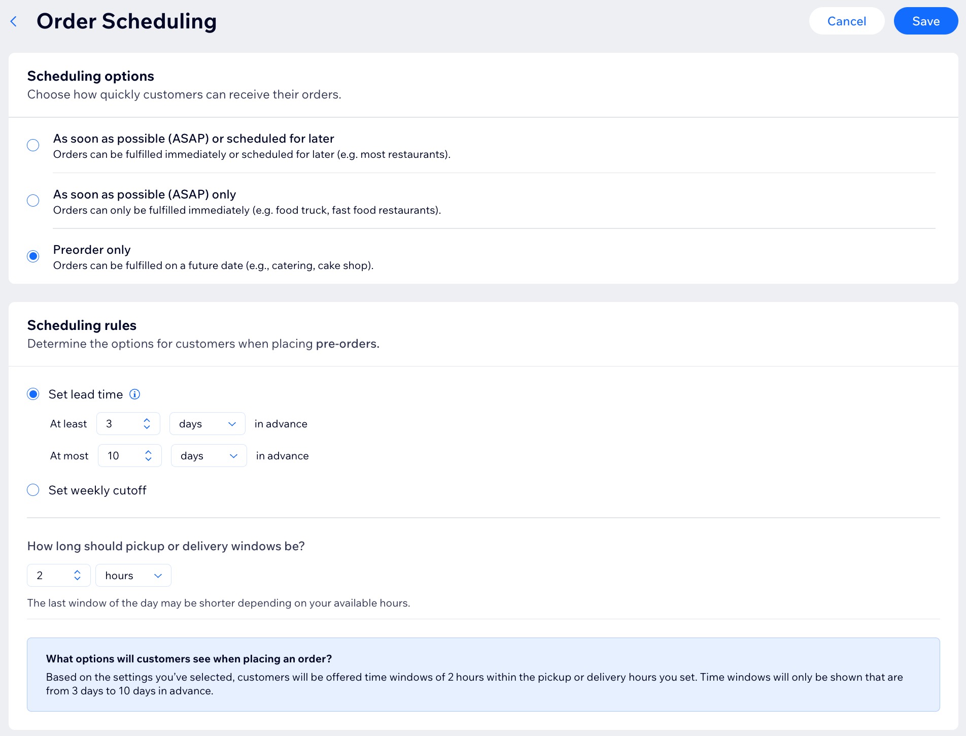 Uma captura de tela do painel Agendamento de pedidos no painel de controle de um site.