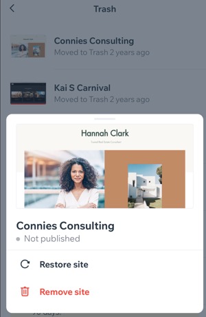 A screenshot of restoring a site from the Trash folder in the Wix Owner app.