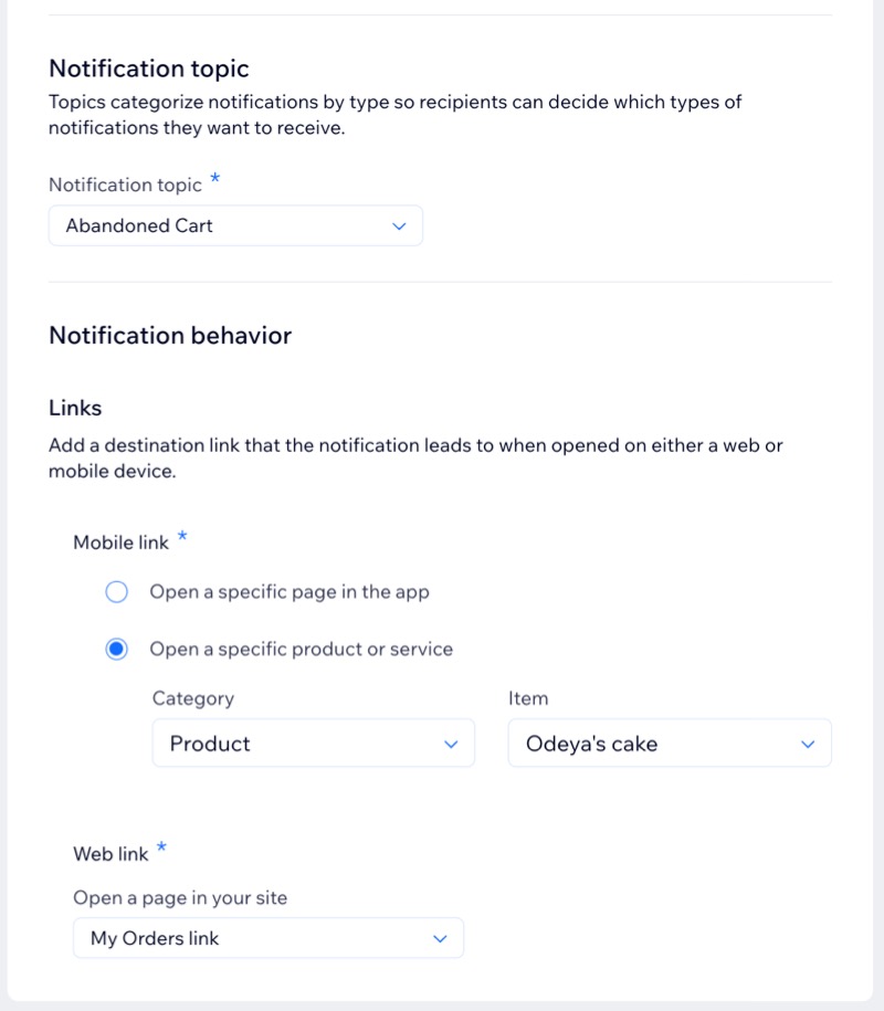 A screenshot of setting a notification topic and behavior.