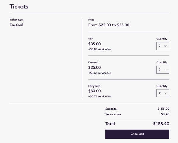 Een screenshot van verschillende soorten tickets voor een evenement.