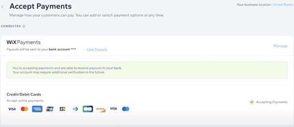 Screenshot della configurazione di Wix Payments nel Pannello di controllo di un sito