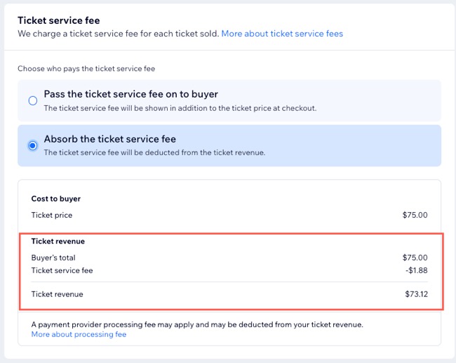 A screenshot of a ticketed event order with an absorbed ticket service fee.