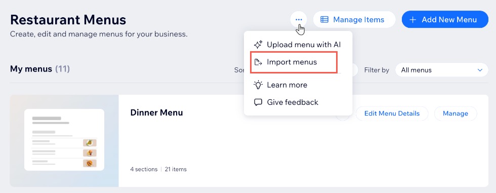 Ascreenshot of the import menus option when clicking on the More Actions icon.