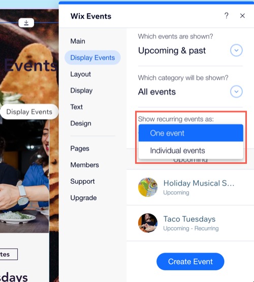 Uma captura de tela de como mostrar eventos recorrentes no Editor Wix.