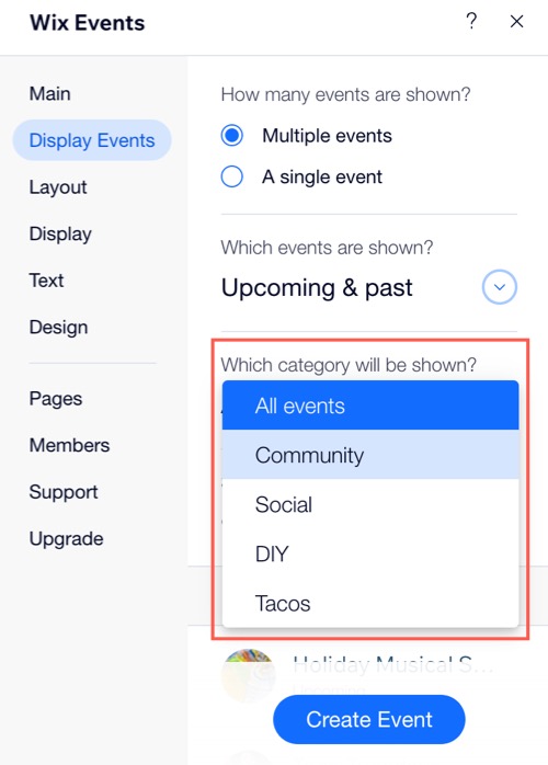A screenshot of selecting an event category in the Wix Editor.