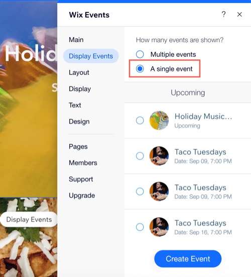 A screenshot of selecting a single event to display on a site page.
