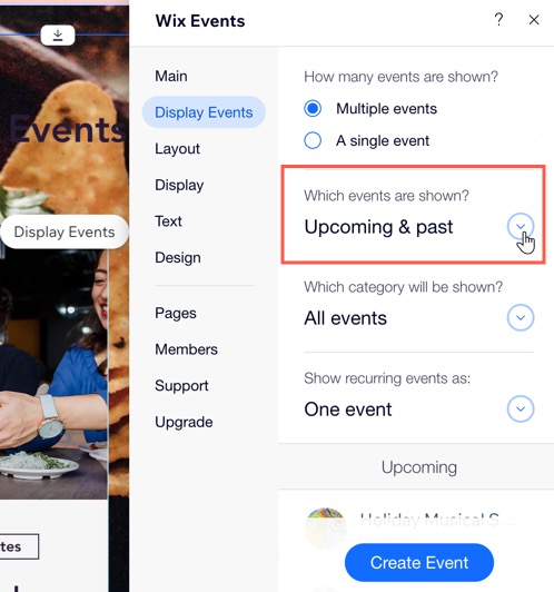 Wix 에디터의 표시할 이벤트 드롭다운에서 옵션을 선택하는 스크린샷