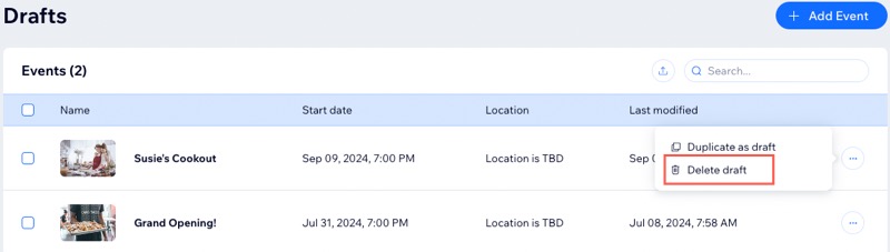 A screenshot of deleting an event draft.