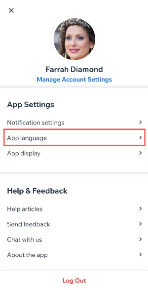 Een screenshot van het selecteren van de app-taal in de Wix-app.