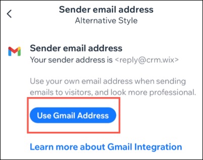 A screenshot of the Sender email address screen in the Wix app.