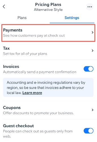 A screenshot of selecting Payments in the Wix app.