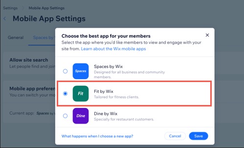 A screenshot selecting Fit by Wix as the preferred member app.