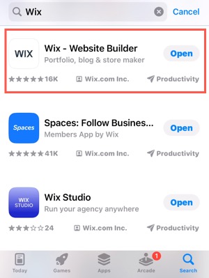 A screenshot of the Wix app in the apple store.