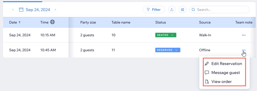 A screenshot of the options to manage a reservation from a site's dashboard.