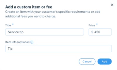 A screenshot of adding a custom item or fee to a manual order.