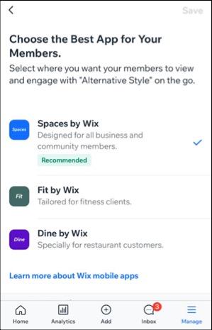 A screenshot of choosing you preferred members app from the Wix app.