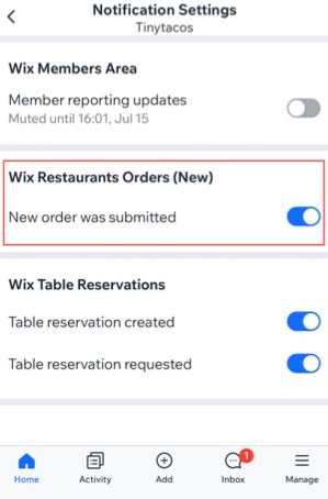 A screenshot of the Notification Settings in the Wix Owner app.